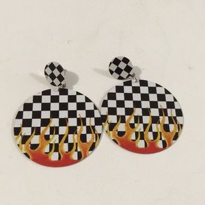 Topshop black white checkered earrings with fire